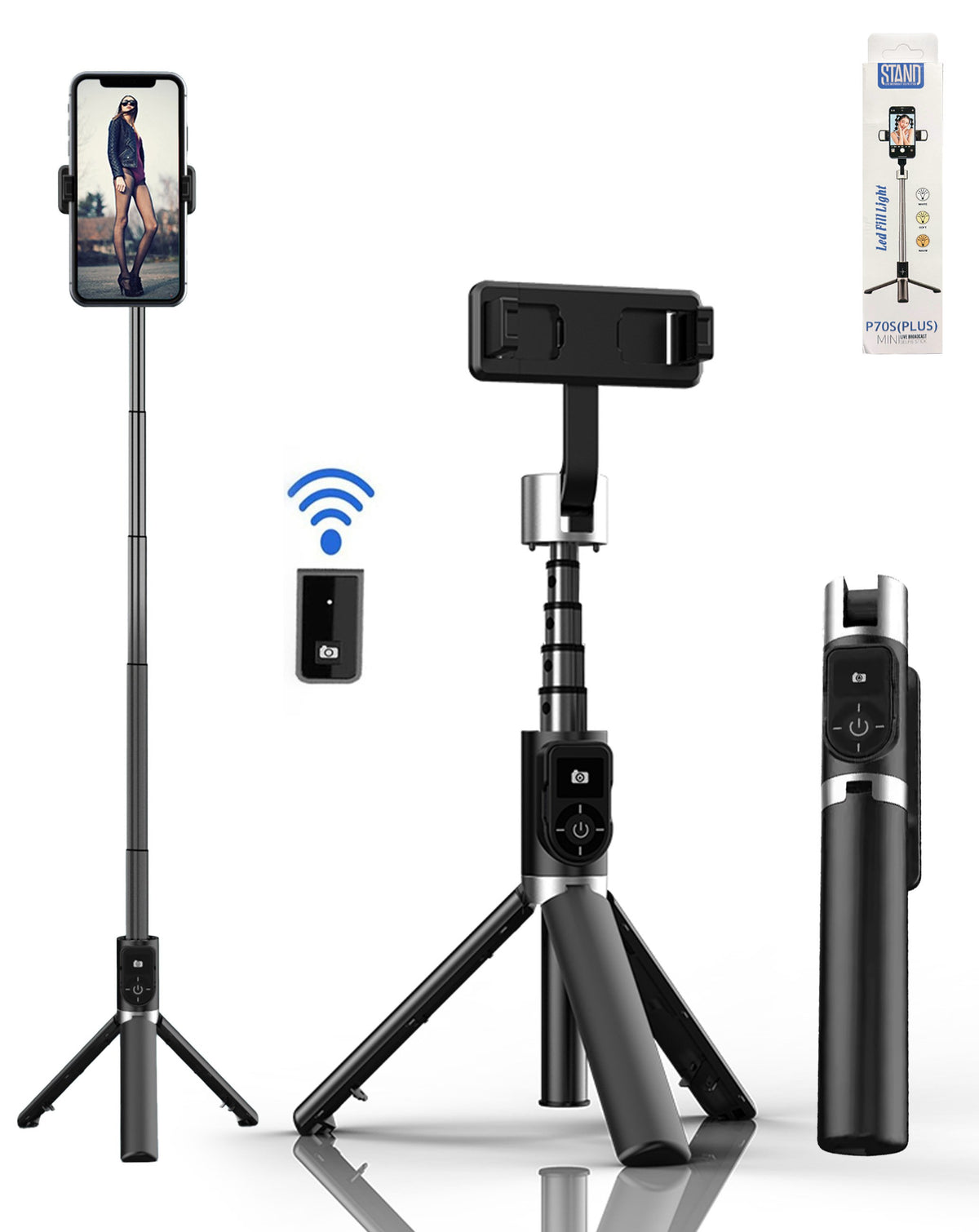 P70S Selfie Stick Tripod with Lights — Black
