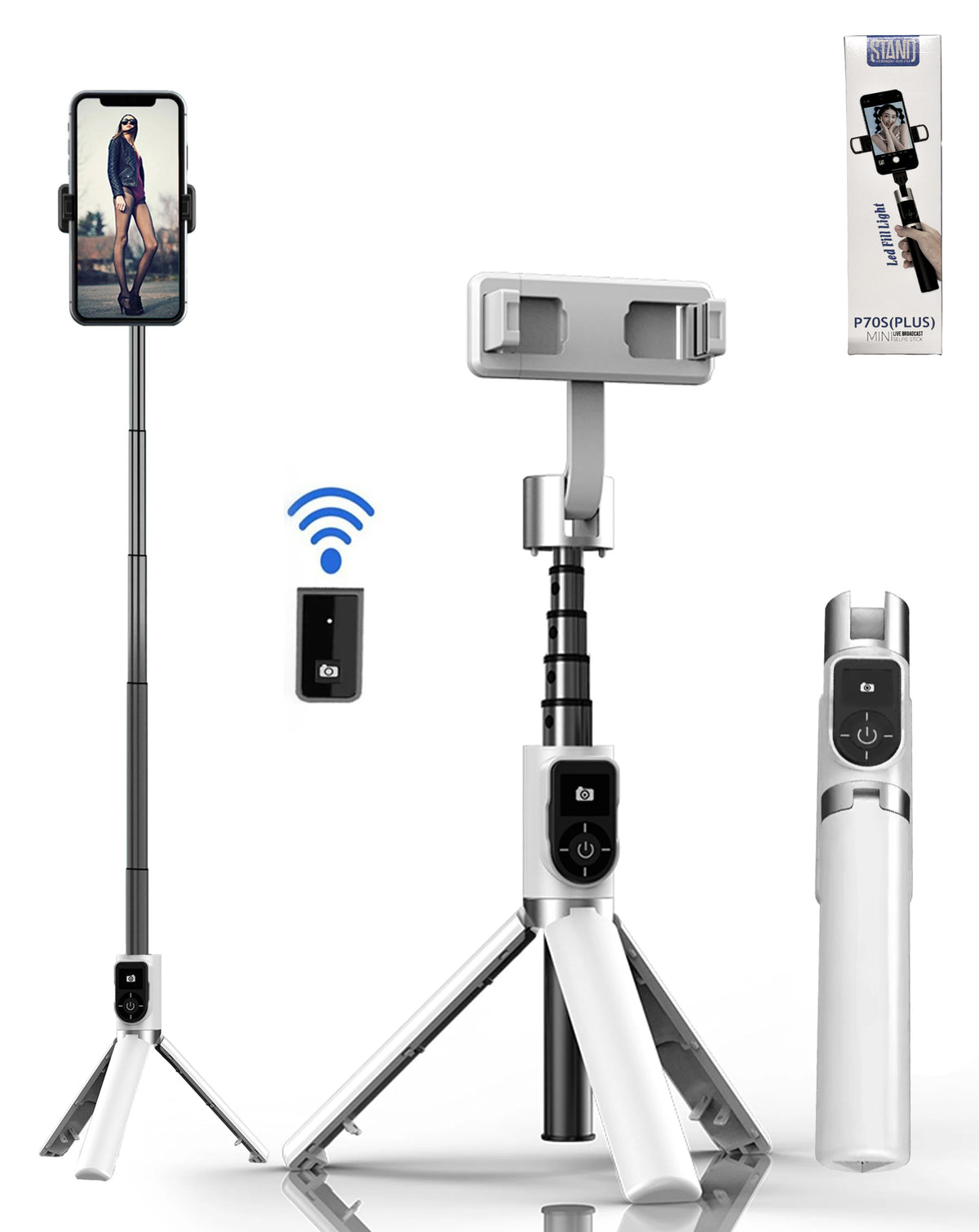 P70S Selfie Stick Tripod with Lights — White
