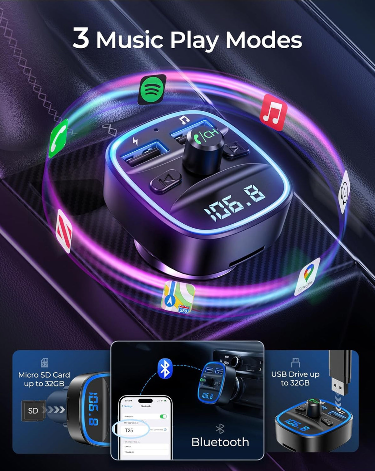 T25 Car Bluetooth Adapter Wireless FM Transmitter Radio