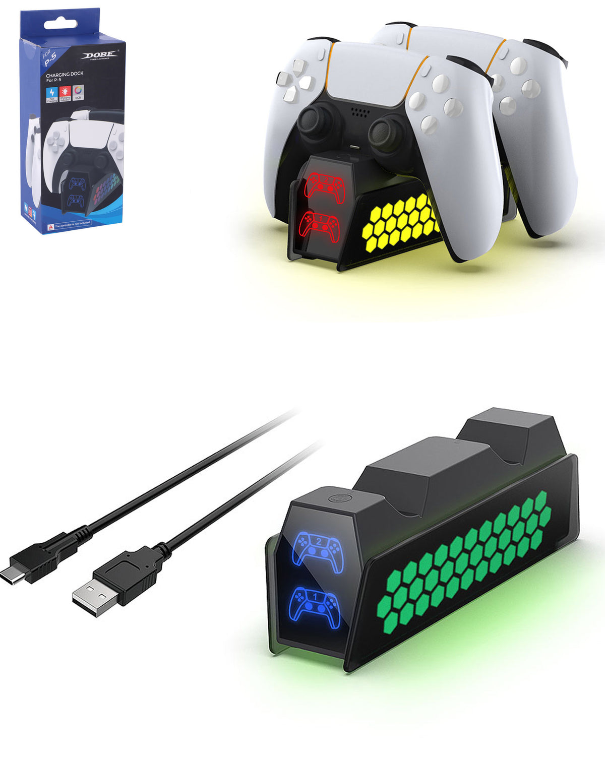 Dobe Dual Honeycomb RGB Charger for PlayStation 5 Wireless Controller — Dual Sense