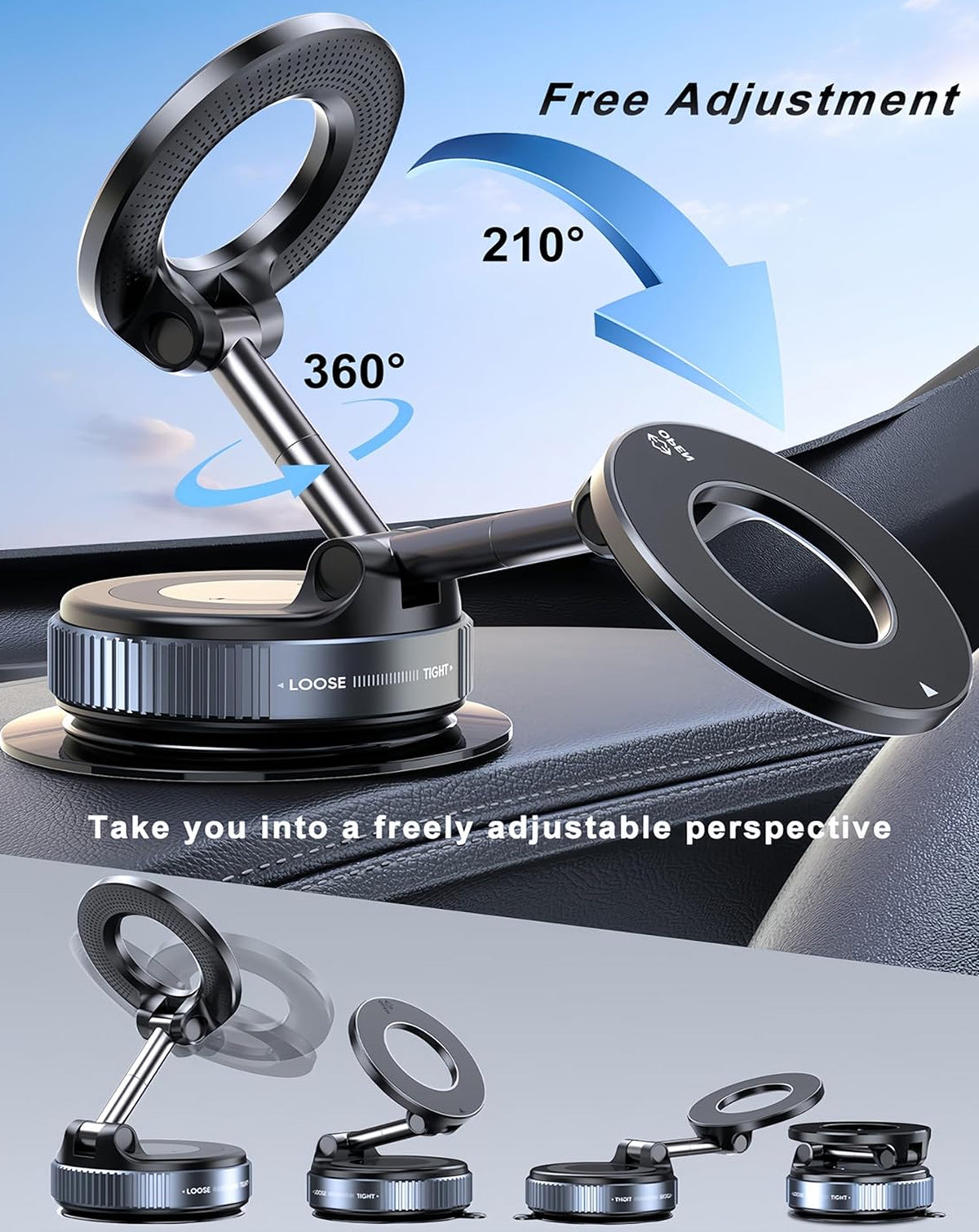 360° Adjustable Vacuum Suction Car Phone Holder for Magsafe - Black