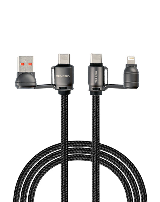 Ven-Dens USB A+c to C+l Fast Charging Data Cable with Lanyard — Black, 60W, 6ft