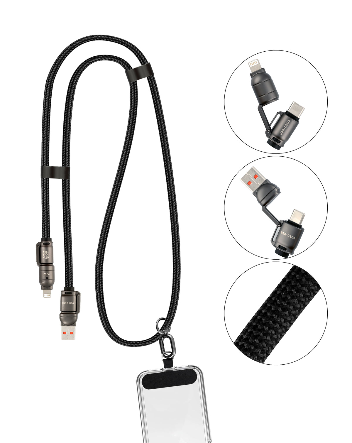 Ven-Dens USB A+c to C+l Fast Charging Data Cable with Lanyard — Black, 60W, 6ft