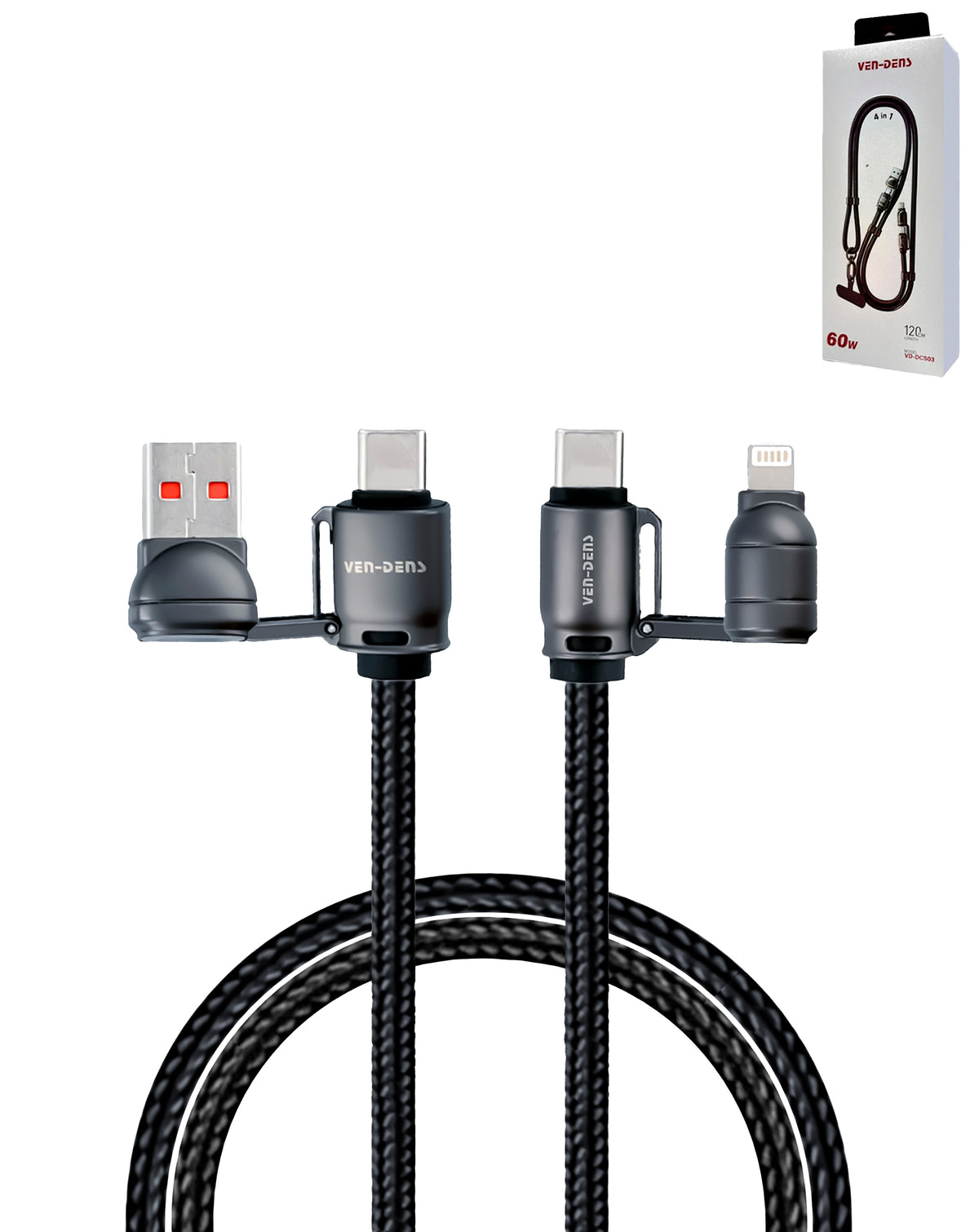 Ven-Dens USB A+c to C+l Fast Charging Data Cable with Lanyard — Black, 60W, 6ft