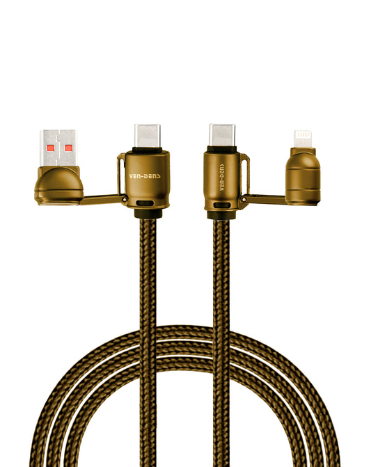 Ven-Dens USB A+c to C+l Fast Charging Data Cable with Lanyard — Gold, 60W, 6ft