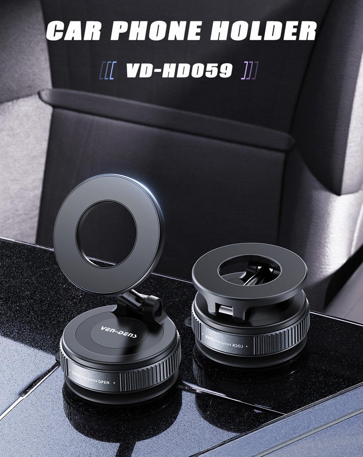 Ven-dens VD-HD059 Magnetic Car Phone Holder with Suction Cup Base