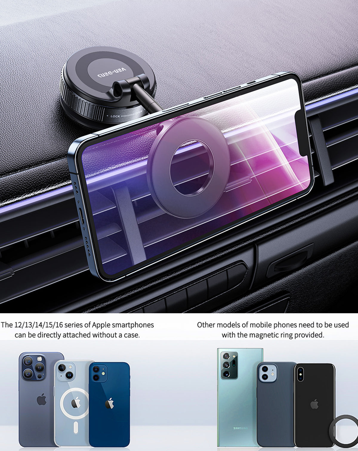 Ven-dens VD-HD059 Magnetic Car Phone Holder with Suction Cup Base