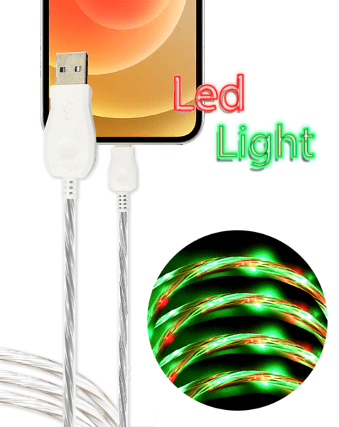 Visible USB-A to Lightning Non-MFI Glowing LED Fast Charging Cable — Green & Red, 3ft, 10W
