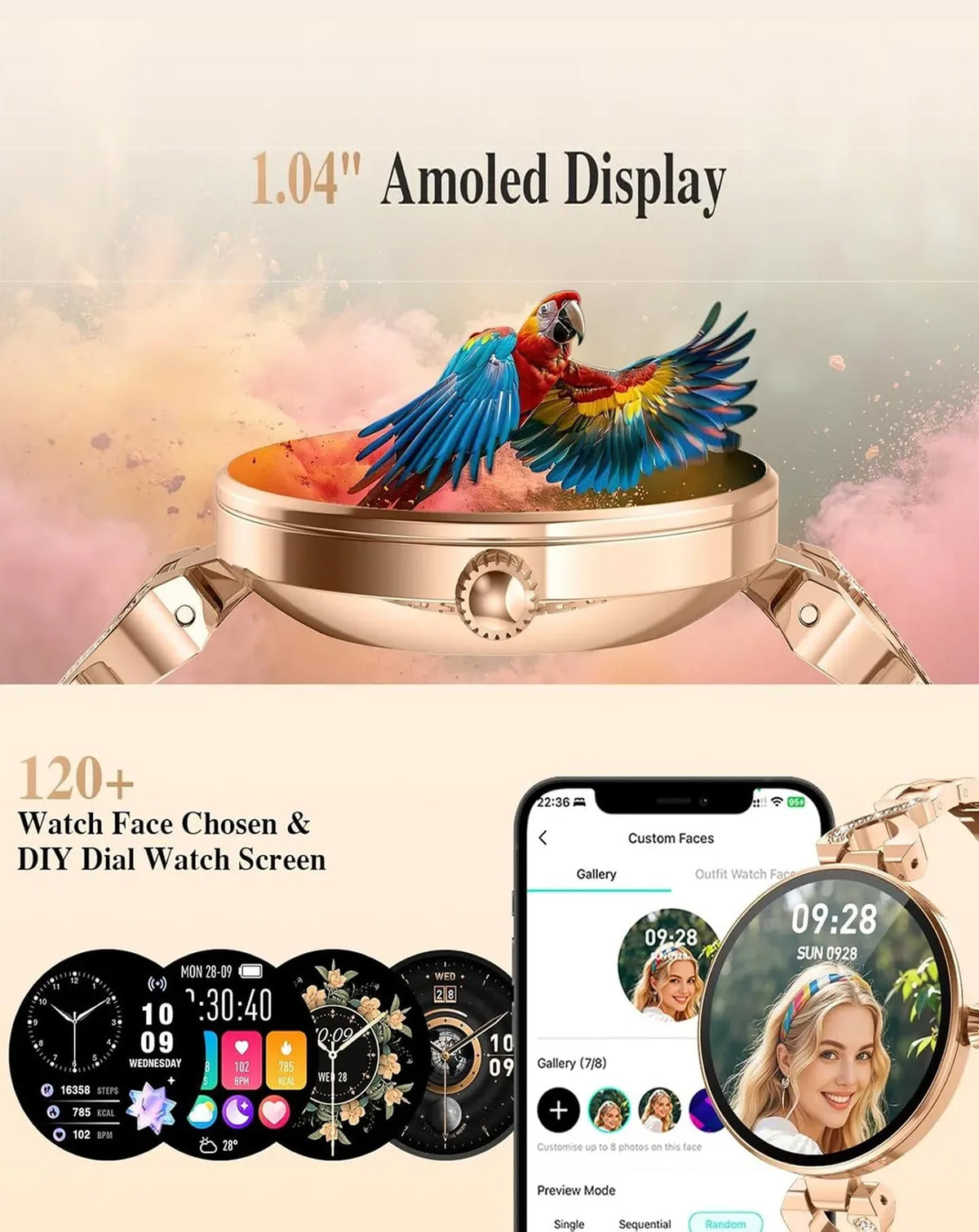 DaFit Women's Smart Watch with 1.04" Amoled Display — Gold